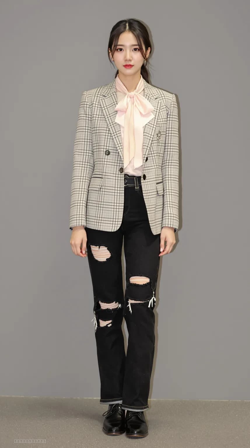aespa 하이틴 리본 타이, 파스텔 니트, 체크 블레이저, 디스트로이드 데님 AI-generated K-POP stage outfit design