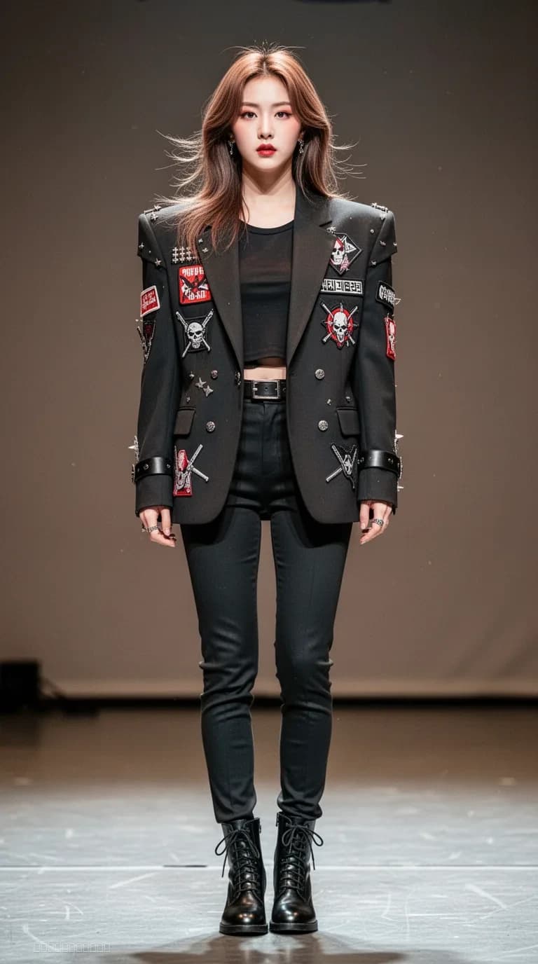 RESCENE 수트 해체적 테일러링, 오버사이즈 블레이저, 파워 숄더, 젠더리스 스타일링 AI-generated K-POP stage outfit design